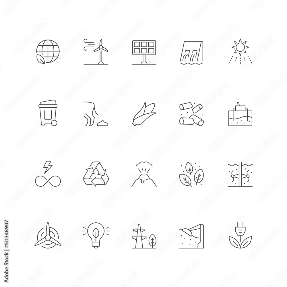 Set line icons of renewable energy sources Set line icons of renewable energy sources