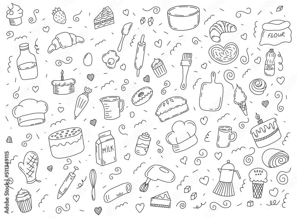 Doodle baking set. Hand drawn set of cooking elements. Vector illustration.