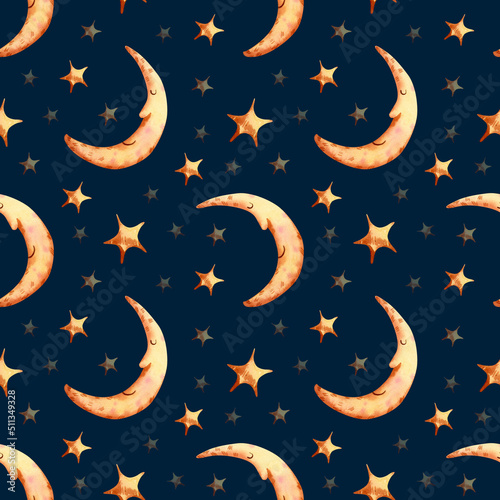 Seamless moon and stars pattern. Watercolor dark blue background with gold cute night sky elements for wrapping paper, kids textile, wallpaper
