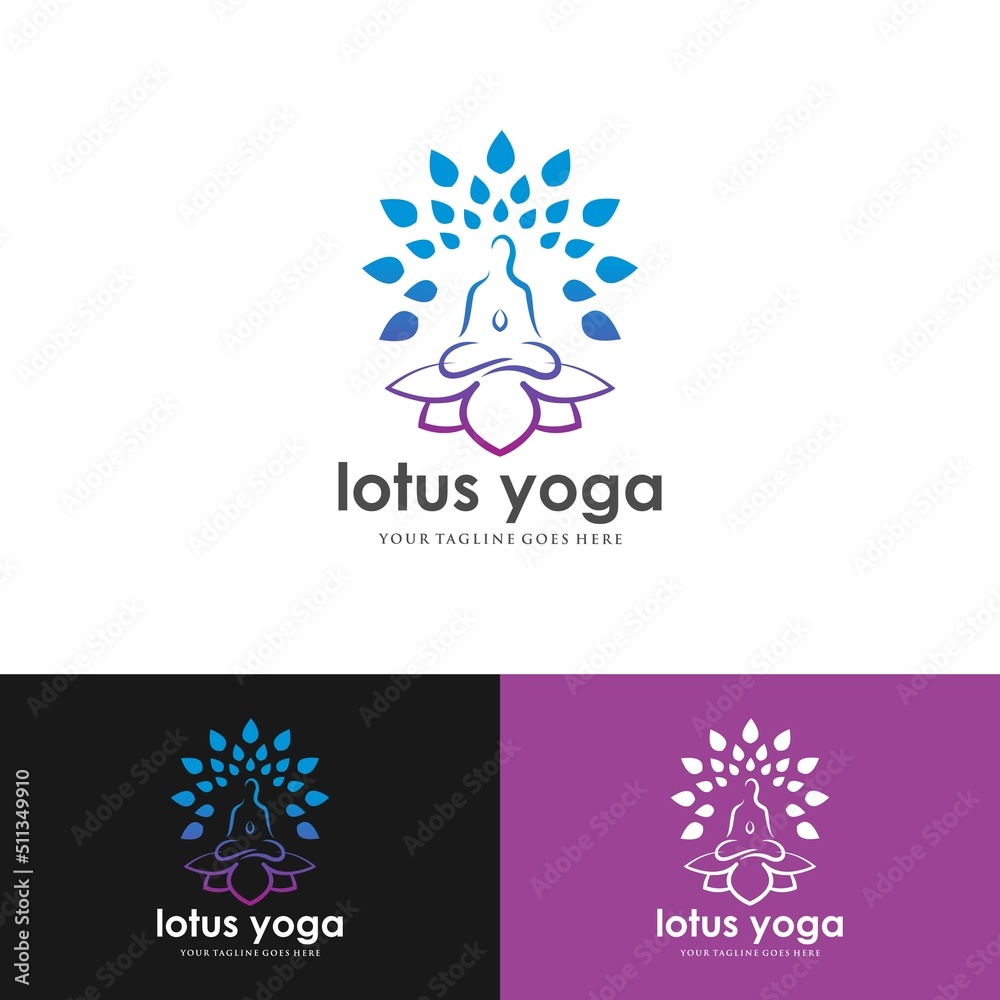 Obraz premium Tree yoga logo. Silhouette of a person in meditation in a round frame. The image of nature, the tree of life. Design of the emblem of the trunk, leaves, crown and roots of the tree.Yoga logo vector,