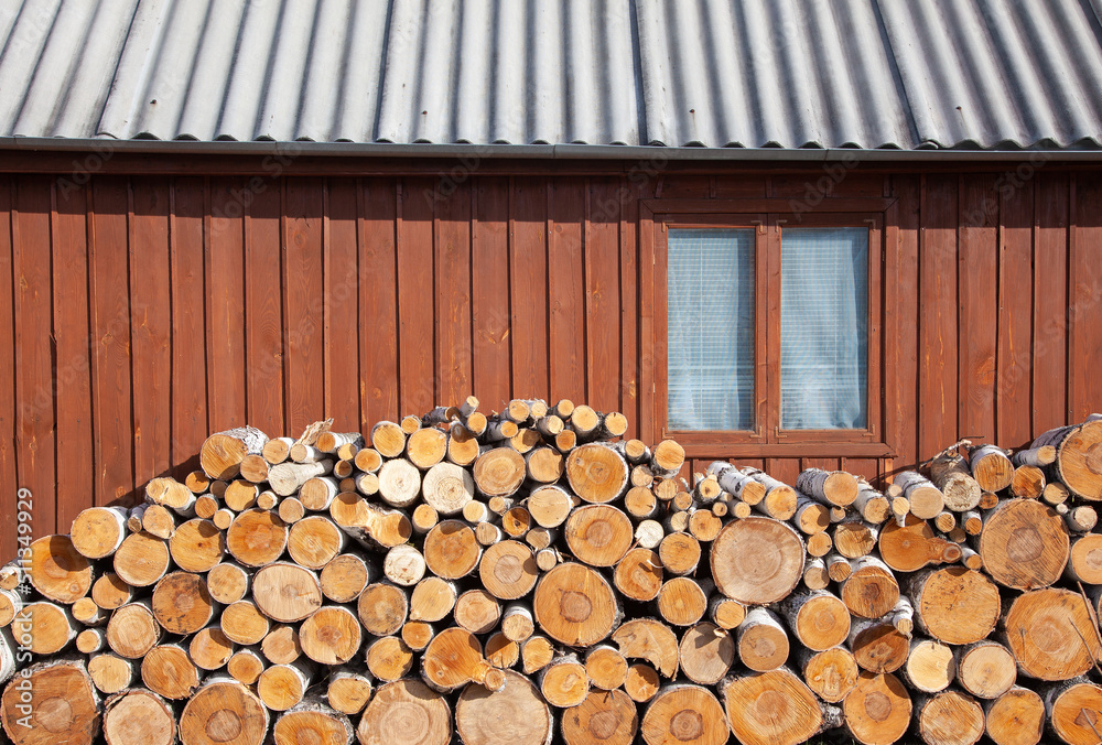 Cross section of tree stumps against the wall of a wooden house. Wooden tree background. Wooden logs. Cross section of tree stumps against the wall of a wooden house. Wooden tree background. Wooden logs.