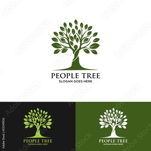 green spring tree with female face and roots on white background, vector, Abstract Human tree logo. Unique Tree Vector illustration with circle and abstract woman shape.