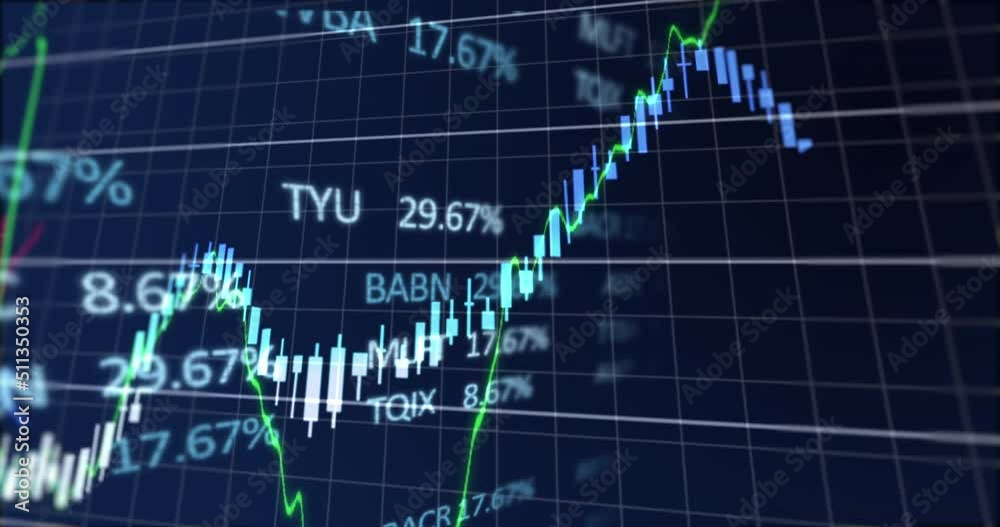 Animation of financial data and graphs over navy background Animation of financial data and graphs over navy background