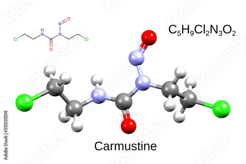 Chemical formula, skeletal formula, and 3D ball-and-stick model of chemotherapeutic drug carmustine, white background photo