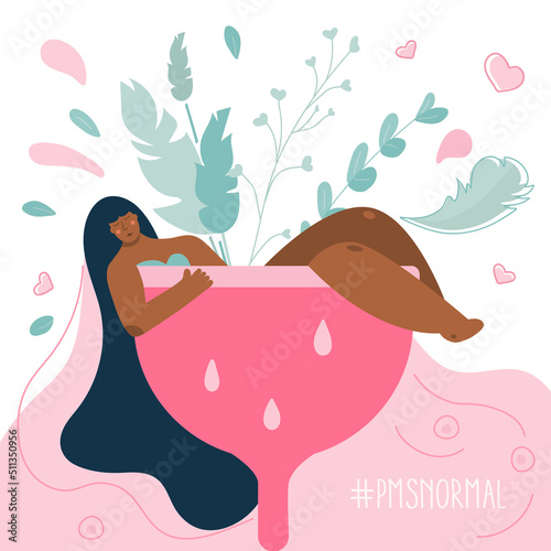 Vector illustration with body positive young women in Menstrual CUP and leaves, plants, drop, feather. The menstrual period, PMS and blood is NORMAL.