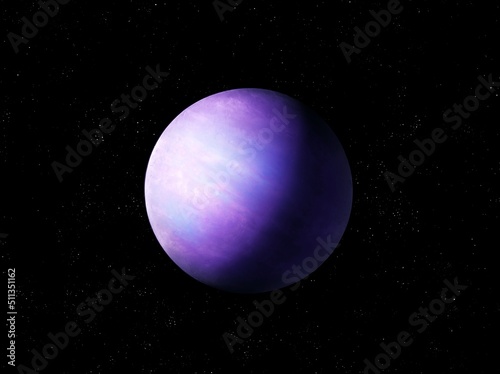 Amazing exoplanet, sci-fi background. Realistic planet with atmosphere in space with stars. Alien planet in purple tones. © Nazarii