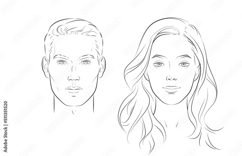 Man and woman faces. Heads face. Portrait of young beautiful girl, boy. Vector line sketch illustration. Man and woman faces. Heads face. Portrait of young beautiful girl, boy. Vector line sketch illustration.