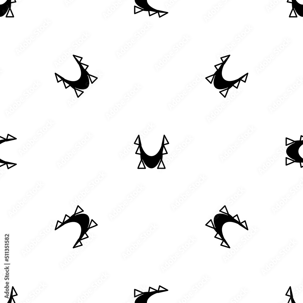 Seamless pattern of repeated black yoga hammock symbols. Elements are evenly spaced and some are rotated. Vector illustration on white background