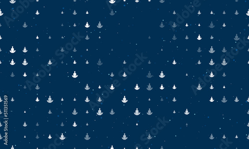 Seamless background pattern of evenly spaced white yoga symbols of different sizes and opacity. Vector illustration on dark blue background with stars