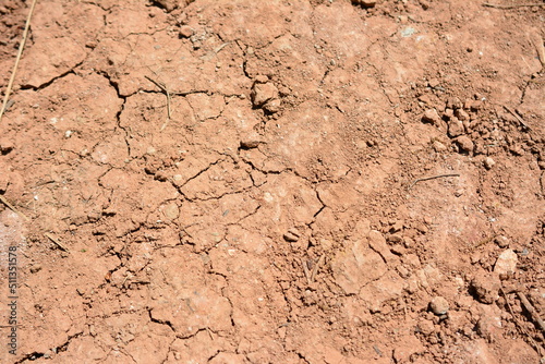 red dry earth with cracks and stones, close-up