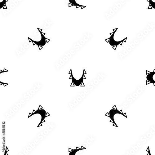 Seamless pattern of repeated black yoga hammock symbols. Elements are evenly spaced and some are rotated. Vector illustration on white background