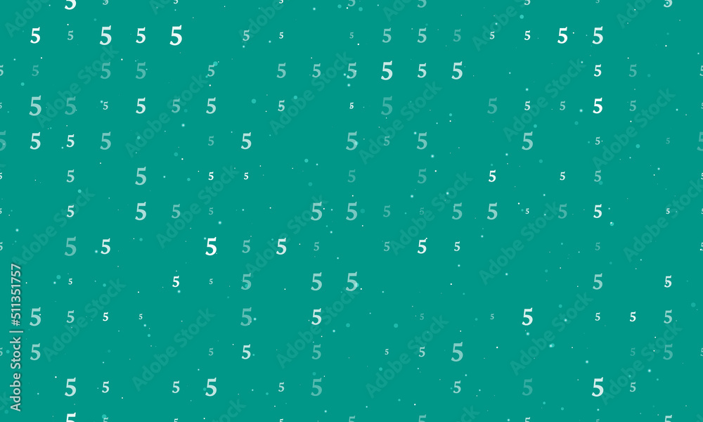 Seamless background pattern of evenly spaced white number five symbols of different sizes and opacity. Vector illustration on teal background with stars Seamless background pattern of evenly spaced white number five symbols of different sizes and opacity. Vector illustration on teal background with stars