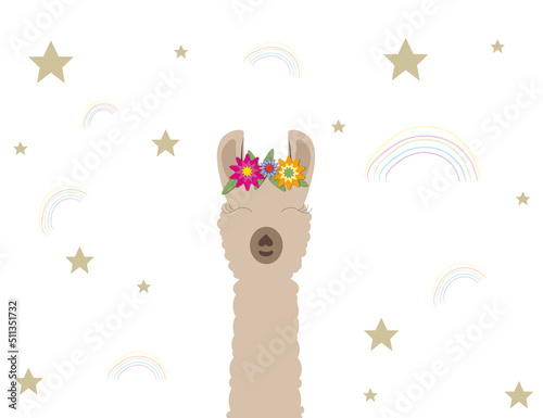 Alpaka cute with background rainbow and star