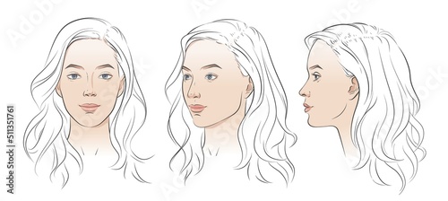 Vector woman face. Set of three different angles. Different view front, profile, three-quarter of a girl face.