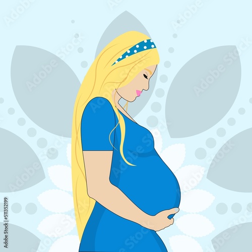 Pregnant woman in blue dress with mandala background. Illustration. Vector. Yoga