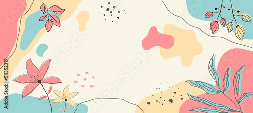 Minimalist abstract pattern background with florals and elements. Modern liquid splashes of wavy shapes in trendy floral style.