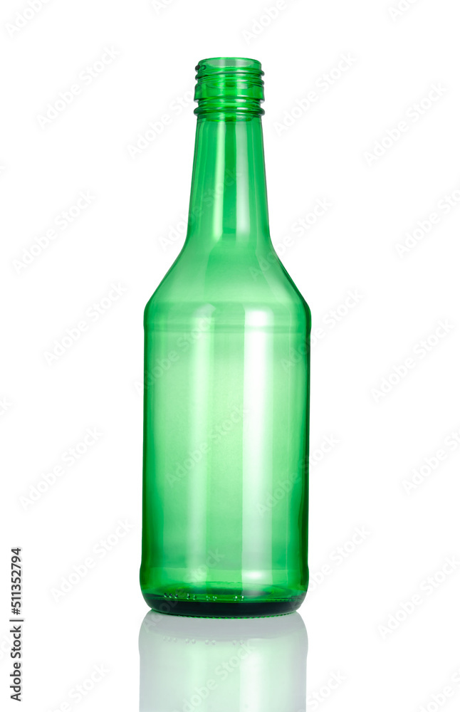 Empty green Glass Bottle and reflection isolated on white background, Suitable for Mock up creative graphic design, clipping path. Empty green Glass Bottle and reflection isolated on white background, Suitable for Mock up creative graphic design, clipping path.
