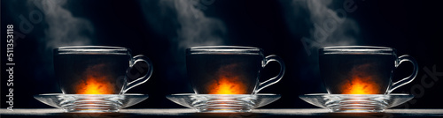 Three cups of hot black tea on a dark background, hot tea, studio photo photo