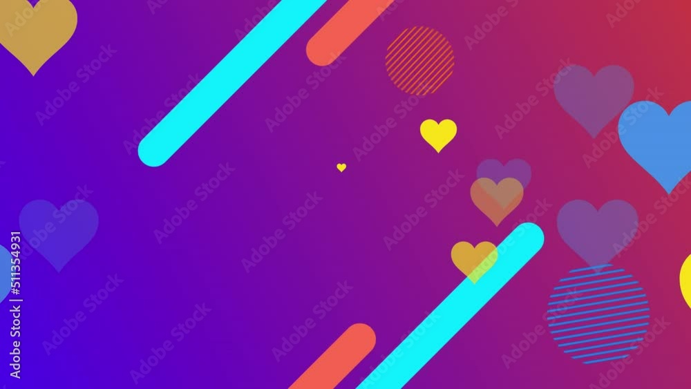 Animation of blue and yellow hearts over colorful shapes Animation of blue and yellow hearts over colorful shapes