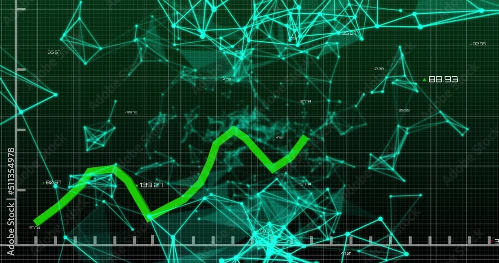 Animation of financial data processing and networks of connections over black background Animation of financial data processing and networks of connections over black background