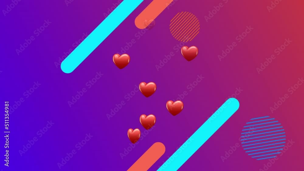 Animation of hearts over colorful shapes on purple background Animation of hearts over colorful shapes on purple background