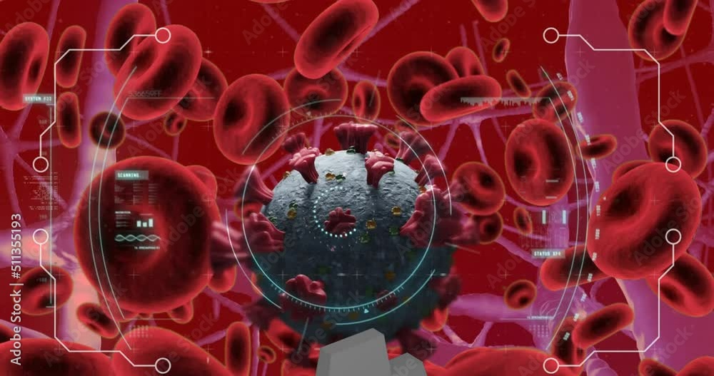 Animation of data processing over virus and blood cells