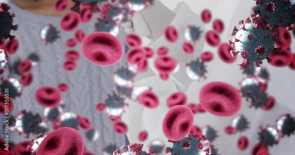 Animation of virus cells over african american woman taking temperature