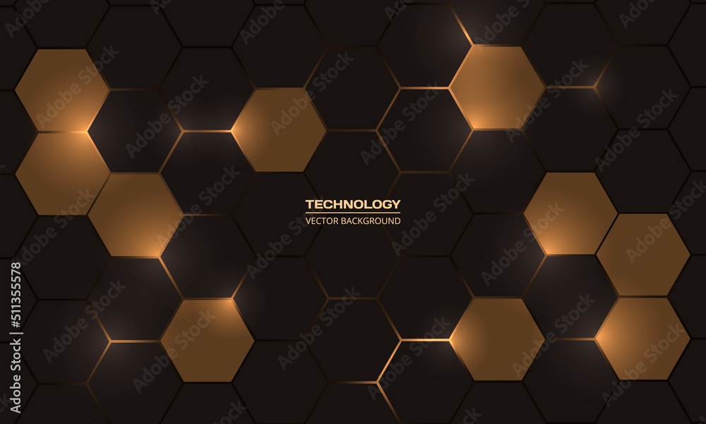 Dark gold and brown hexagonal technology vector abstract background. Dark gold bright energy flashes under hexagon in modern technology futuristic background honeycomb vector illustration.