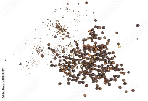 Minced black pepper and grains, ground peppercorn pile isolated on white, top view