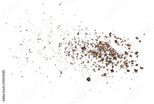 Minced black pepper, ground peppercorn pile isolated on white, top view