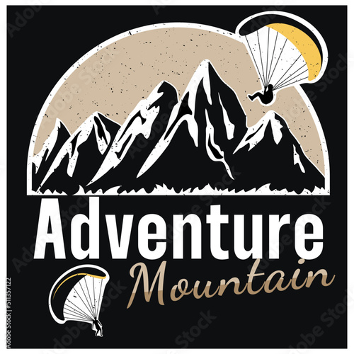 Retro logo with skydivers and plane jumps. Mountains in the background. Snow. Black background. Attrition. Vector stock illustration.