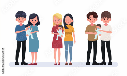 Gay and heterosexual, holding baby. Diverse families, same sex adoption.