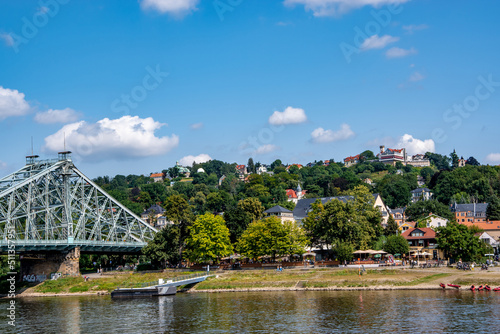 The Loschwitz Bridge (Loschwitzer Brücke) over Elbe river in a summer day (Dresden, Germany).