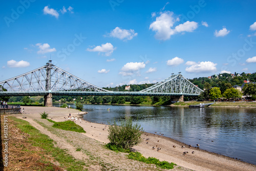 The Loschwitz Bridge  Loschwitzer Br  cke  over Elbe river in a summer day   Dresden  Germany .