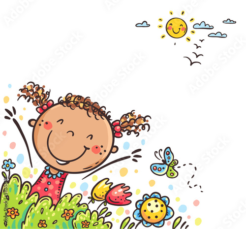 Happy girl corner frame, cartoon kids clipart