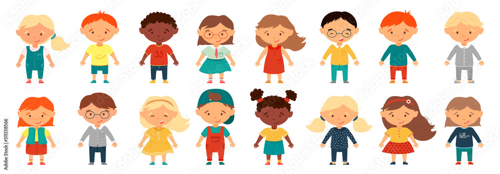 Set of baby avatars in flat style. Set of smiling girls and boys with different hairstyles, skin color and ethnicity, Europeans, Asians. Isolated colorful cartoon vector illustration of children.