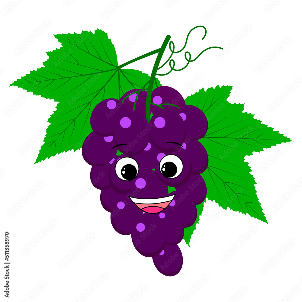 Cute cartoon character blue grapes. Smiling happy grapes. Bunch of