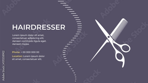 Barber, barbershop, hairdressing, hairdresser, coiffeur, haircutter. Business card.Logo.Scissors, having brush, razor, hair dryer,comb, straight razor, hair clipper.Flat vector illustration. Isolated