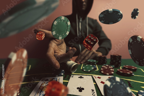 Quadro su tela Gambler man hands pushing large stack of colored poker chips across gaming table