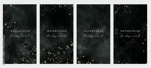 Set of vector universal watercolor backgrounds with gold glitter and copy space for text. Design for social media, story, card, invitation, feed post.
