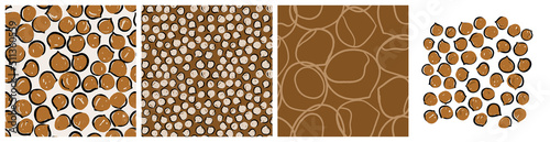 Hazelnut seeds clipart and background. Healthy snack, food ingredient seamless pattern for product packaging print. Hand drawn repeat vector design in abstract trendy style.