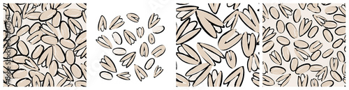 Pistachio nut in a shell clipart and background. Healthy food, salty snack seamless pattern for product packaging print. Hand drawn repeat vector design in abstract trendy style.