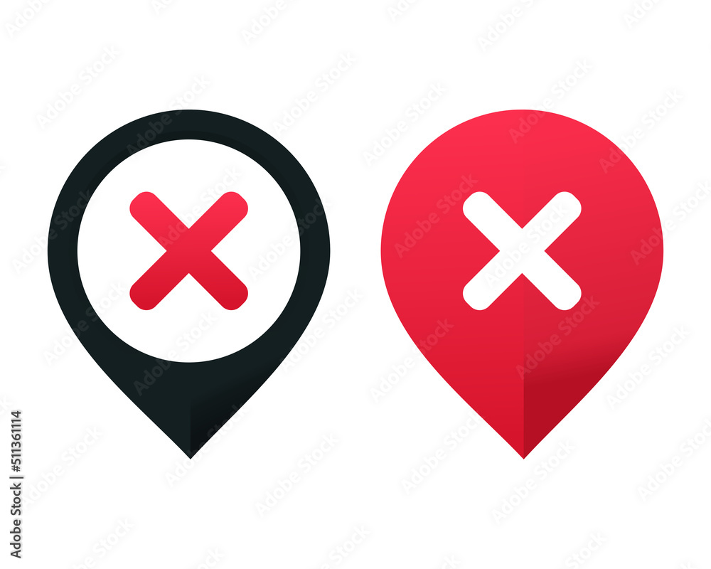 Map pin with x icon. Wrong location. Vector illustration Map pin with x icon. Wrong location. Vector illustration