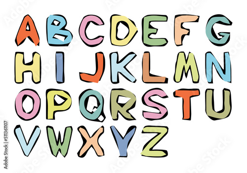 Multicolored English alphabet in doodle style with uneven contours. Stickers. It seems that the letters are carelessly cut out. Hand Drawn. Freehand drawing. Sketch.