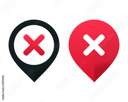 Map pin with x icon. Wrong location. Vector illustration