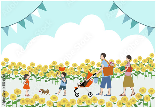 花火やすいかを持って犬と一緒にお出かけする楽しそうな家族とひまわり畑のセット