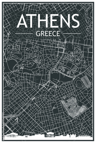 Dark printout city poster with panoramic skyline and hand-drawn streets network on dark gray background of the downtown ATHENS, GREECE