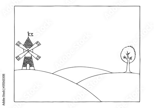 Landscape with a windmill on the left and a tree on the right, a field below. in the middle of the picture is empty. Coloring for children.