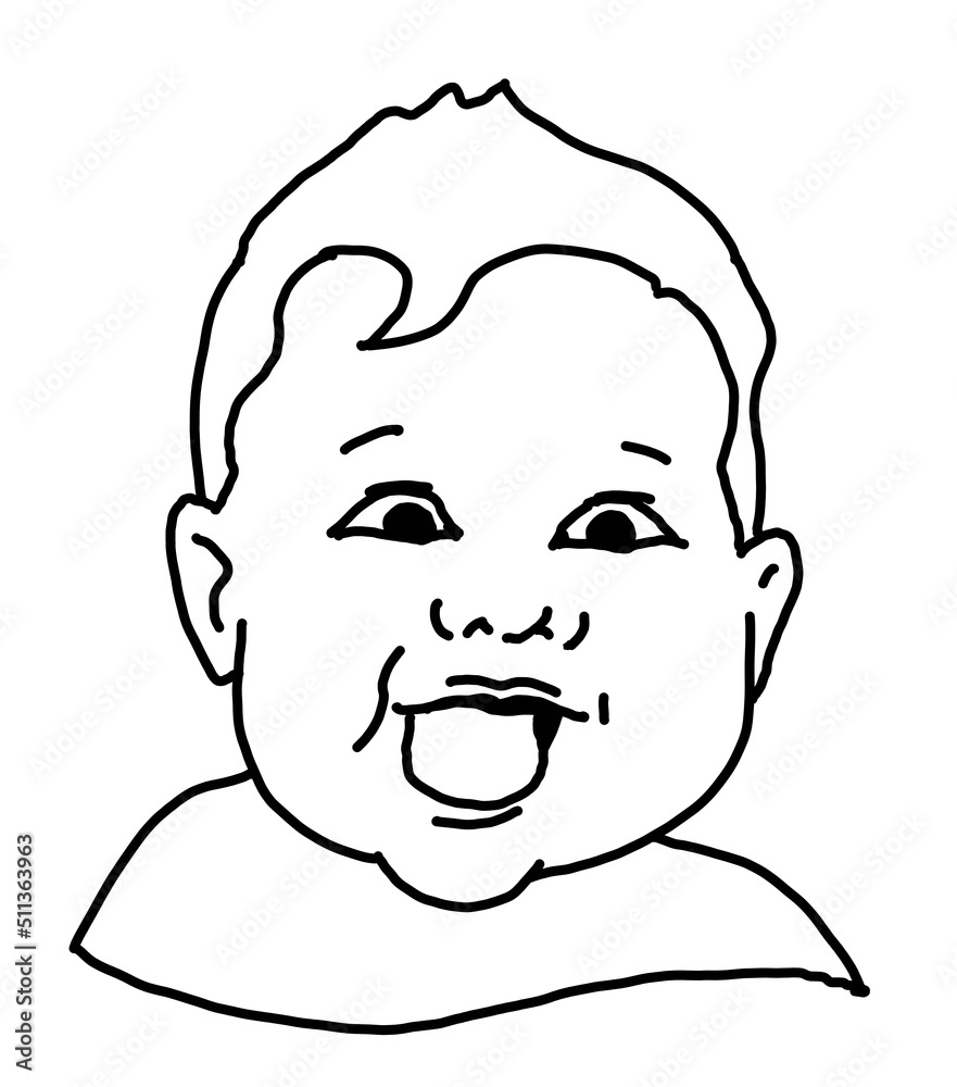 New born sweet baby face emotions. Little happy child surprised with open mouth. Hand drawn character illustration. Retro vintage comic cartoon line style drawing.