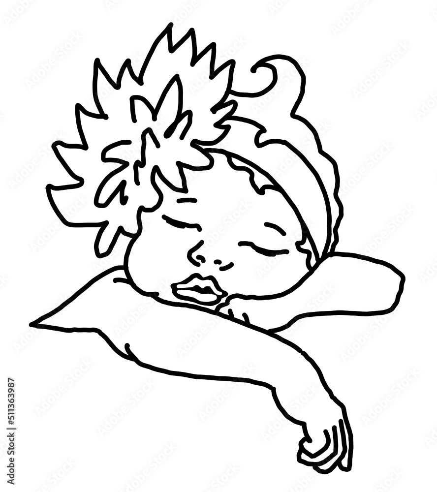 New born sweet baby face emotions. Little girl with big flower on the head sleeping and smiling. Hand drawn character illustration. Retro vintage comic cartoon line style drawing. New born sweet baby face emotions. Little girl with big flower on the head sleeping and smiling. Hand drawn character illustration. Retro vintage comic cartoon line style drawing.